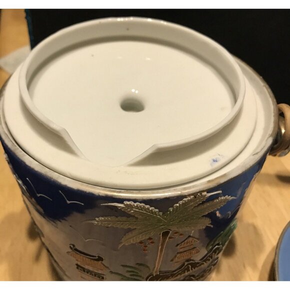 1920s Morimura Japan Moriage Tea Set Coffee Island Palm Trees Pagoda Gaudy Blue - Picture 5 of 16